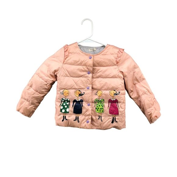 Girls 5T (110) Down Puffer Jacket Pink Quilted Snap Button Popeye Olive Print - Picture 1 of 12